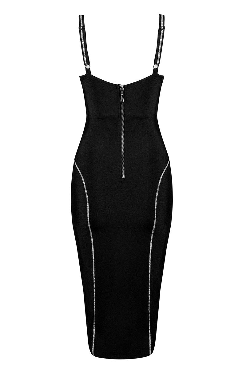 V-Neck Spaghetti-Strap Contrast-Stitch Bodycon Midi Dress