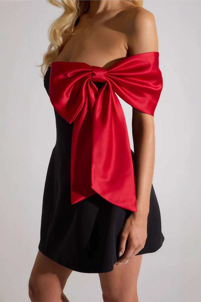 Sexy Bow Patchwork Contrast Off Shoulder Evening Dresses - Fashionpara