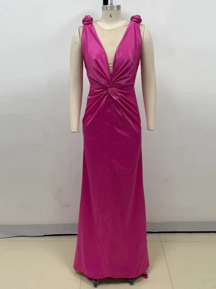 Sexy Braid Sling Deep V Neck Pleated Maxi Dress Women Christmas Party Pink / Xs Dresses-L