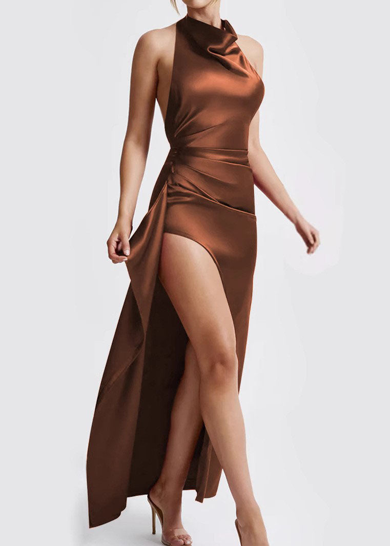 Satin Cowl Halter Neck Cut Out Side Ruched High Split Maxi Gown