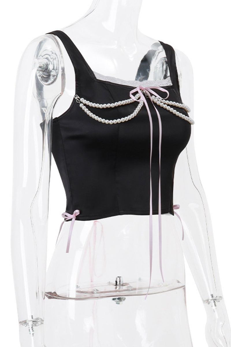 Sexy Cross Straps Pearls Decor Square Neck Tops - Fashionpara