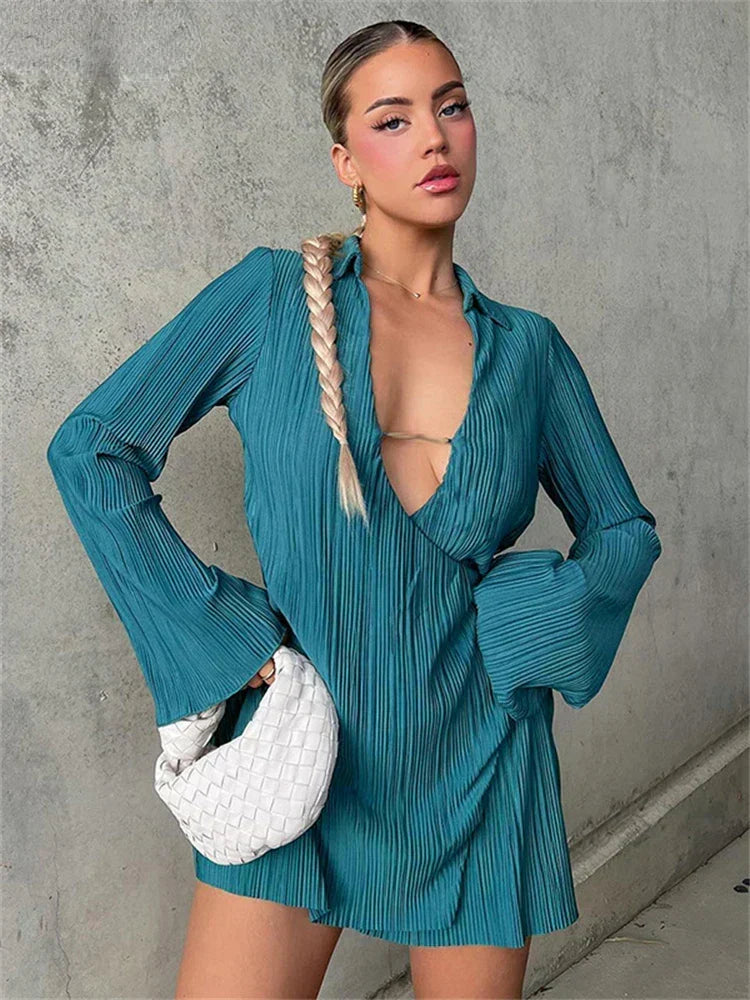 Plisse Collared Deep V-Neck Long Sleeve Shirt Dress