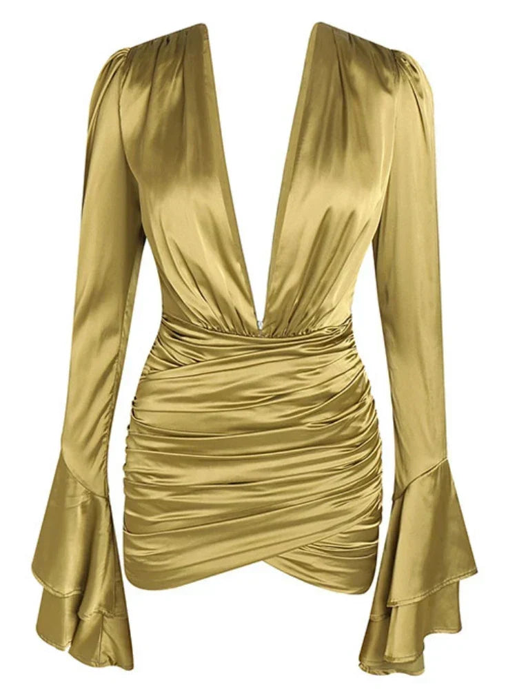 Satin Deep V-Neck Long Sleeve Ruched Bodycon Mini Dress 7