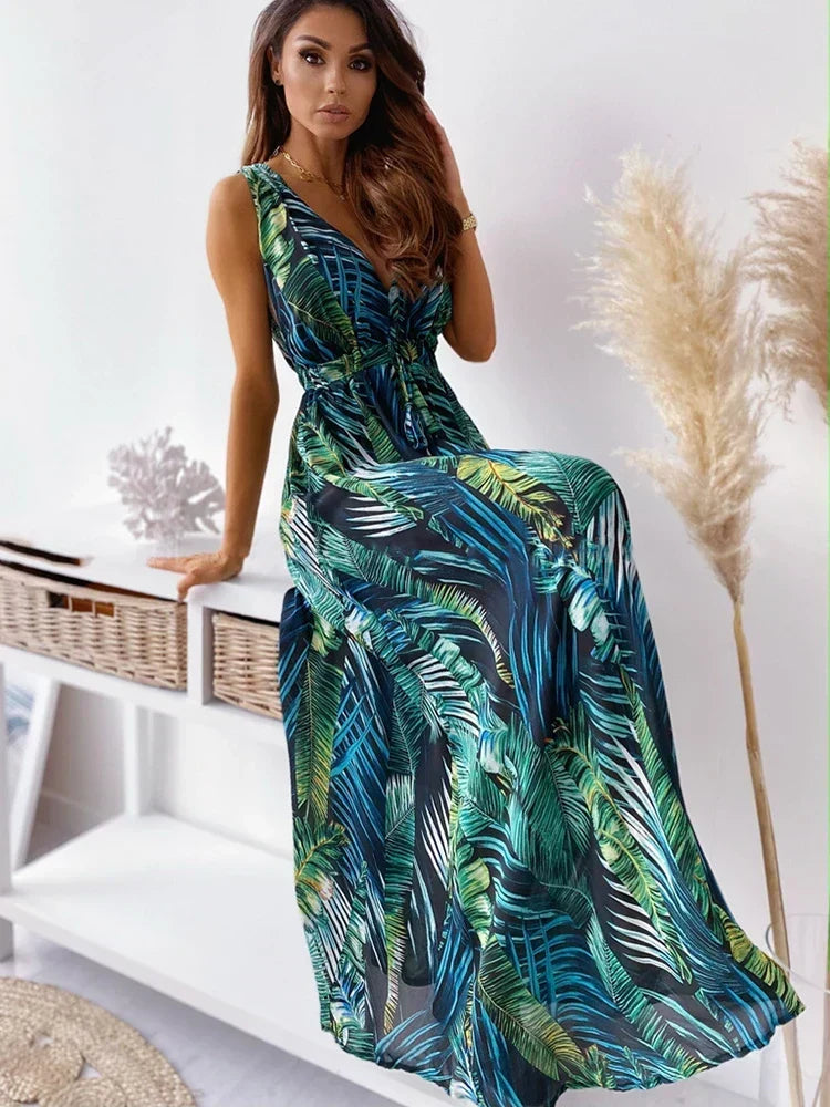 Tropical Leaf Print V-Neck Sleeveless Maxi Dress