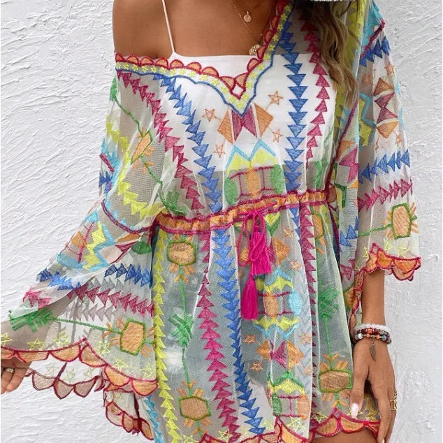 Deep V-neck Tunic Lace Boho Mini Beach Cover up - Fashionpara