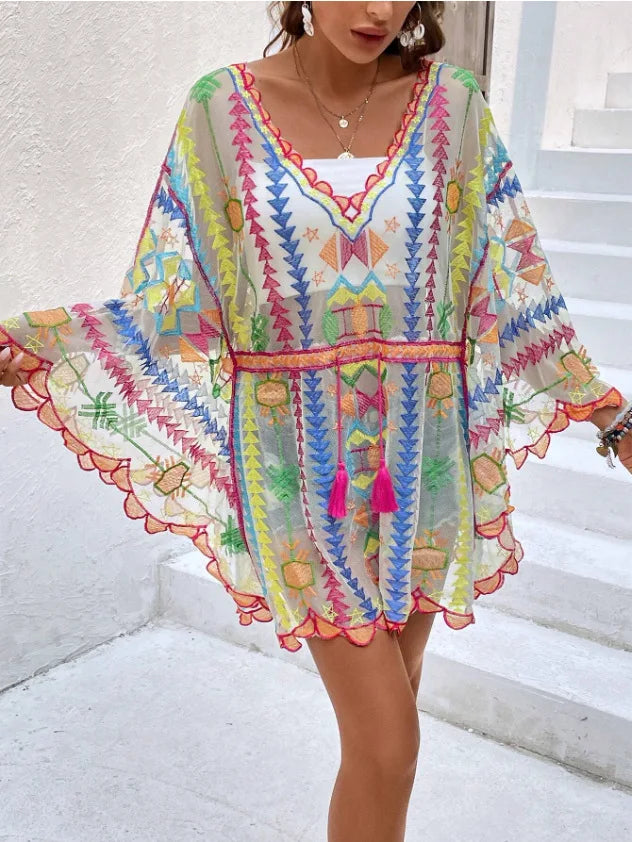 Deep V-neck Tunic Lace Boho Mini Beach Cover up - Fashionpara