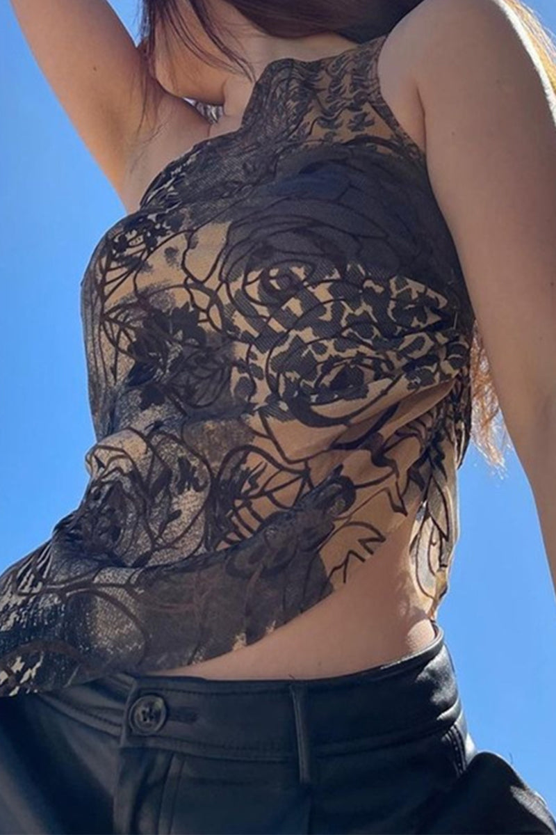 Sexy Floral Print Irregular Sloping Shoulder Tops