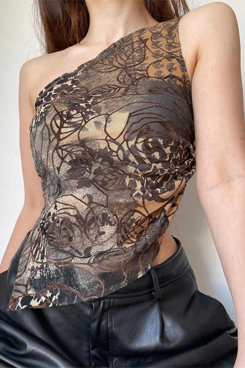 Sexy Floral Print Irregular Sloping Shoulder Tops