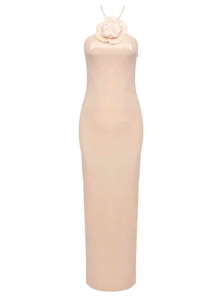Sequin Halter Neck Floral Appliqué Maxi Gown 7