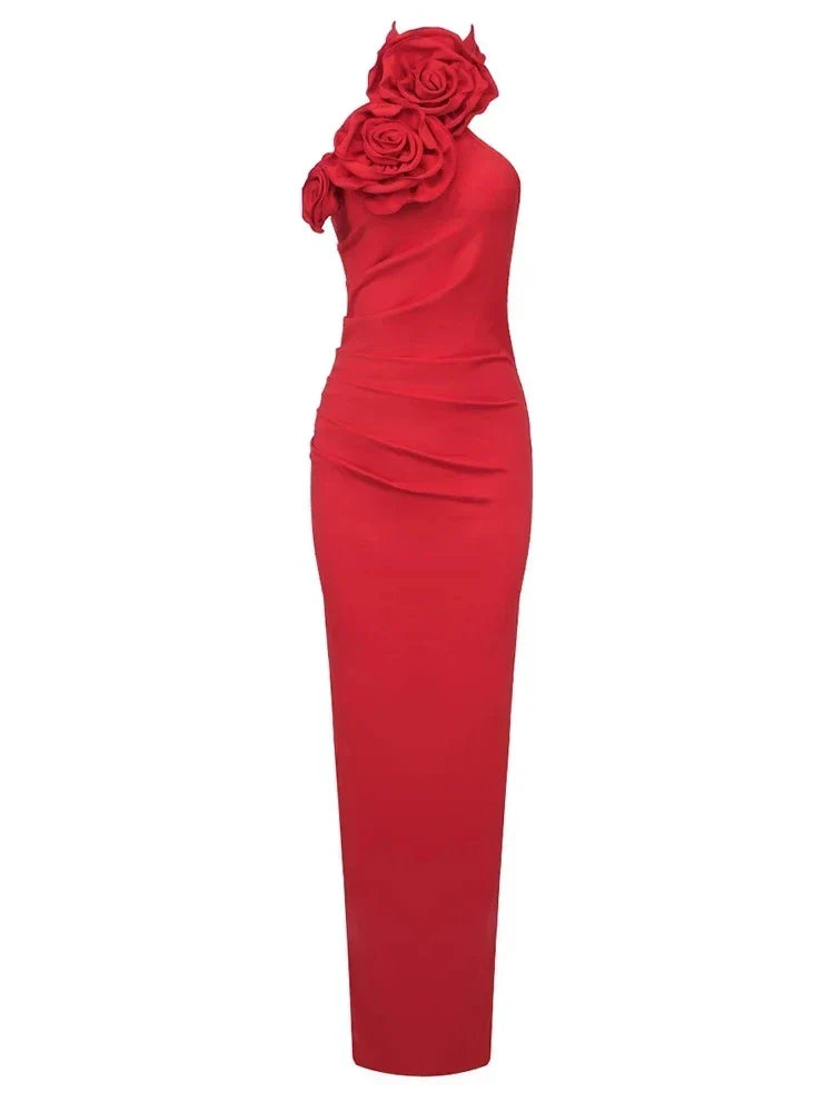 3D Flower Halter Neck Ruched Bodycon Maxi Gown 8
