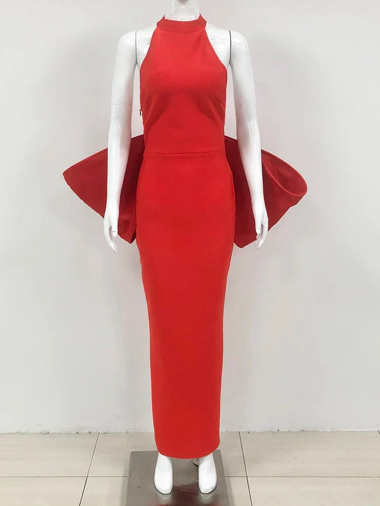 Halter-Neck Bow-Back Sleeveless Bodycon Maxi Dress 5