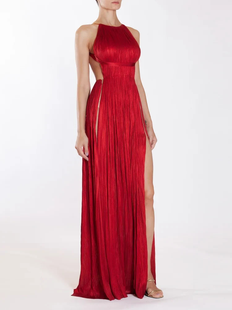 Pleated Satin Halter Neck High Slit Maxi Gown