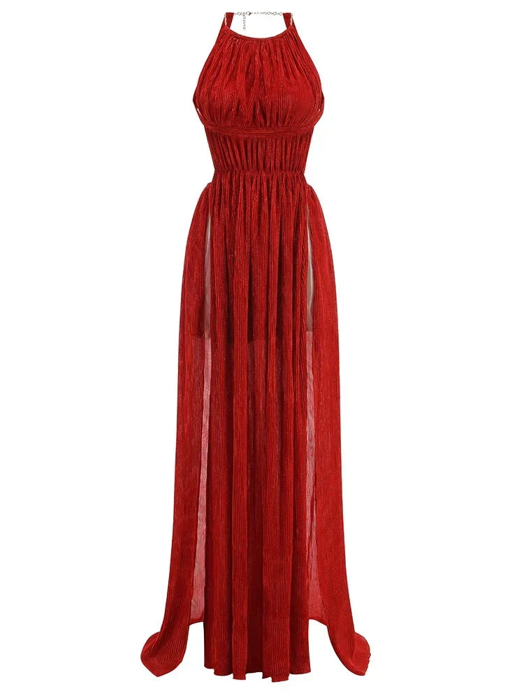 Sexy Halter Neck Chain Pleated High Split Long Dress Backless Christmas Party Red / Xs Dresses-L