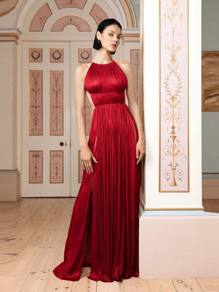 Pleated Satin Halter Neck High Slit Maxi Gown