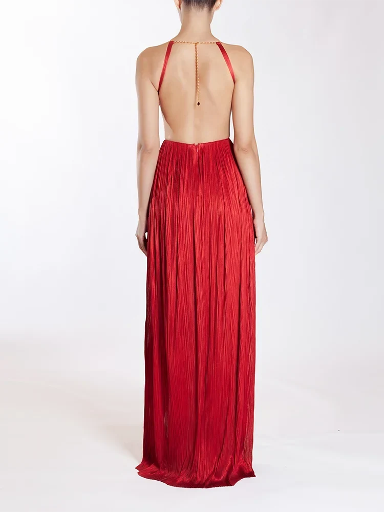 Pleated Halter Neck Open Back High Split Maxi Gown 4