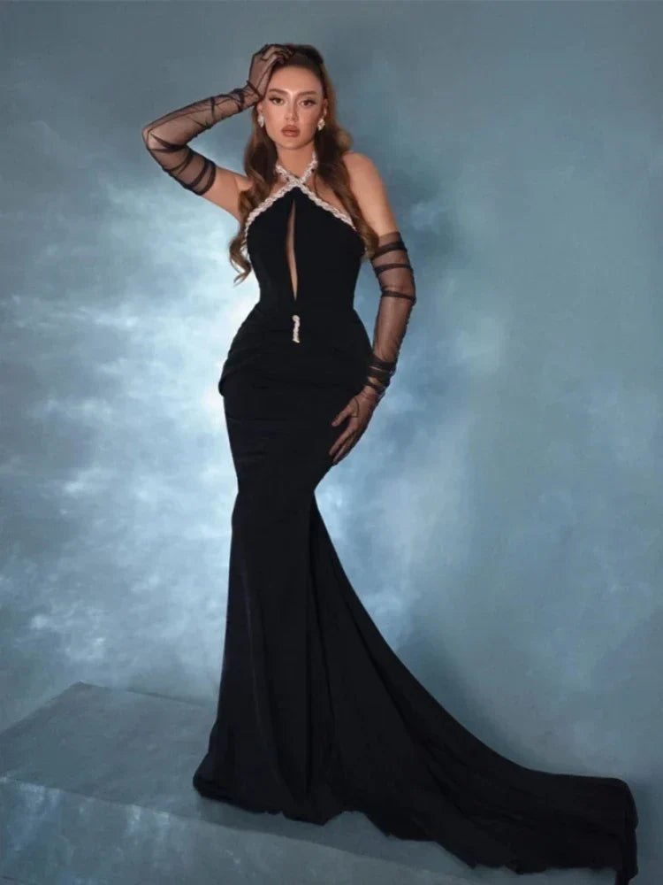 Halter Neck Keyhole Cut Out Mermaid Evening Gown