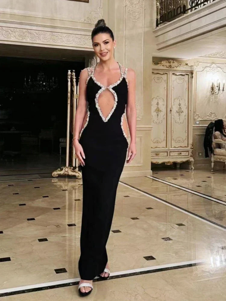 Rhinestone Halter Neck Cut Out Bodycon Maxi Gown 5