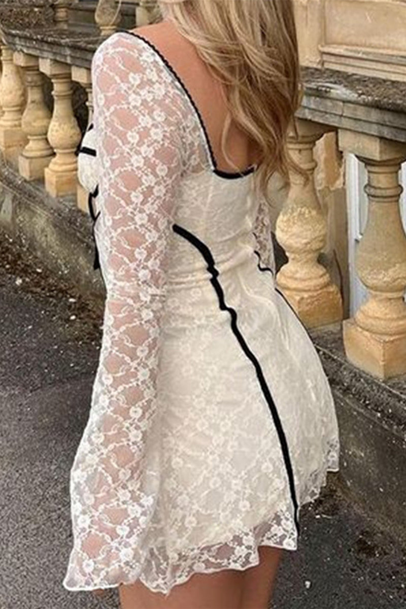 Sexy Lace Lace Up Patchwork Square Neck A Line Dresses - Fashionpara