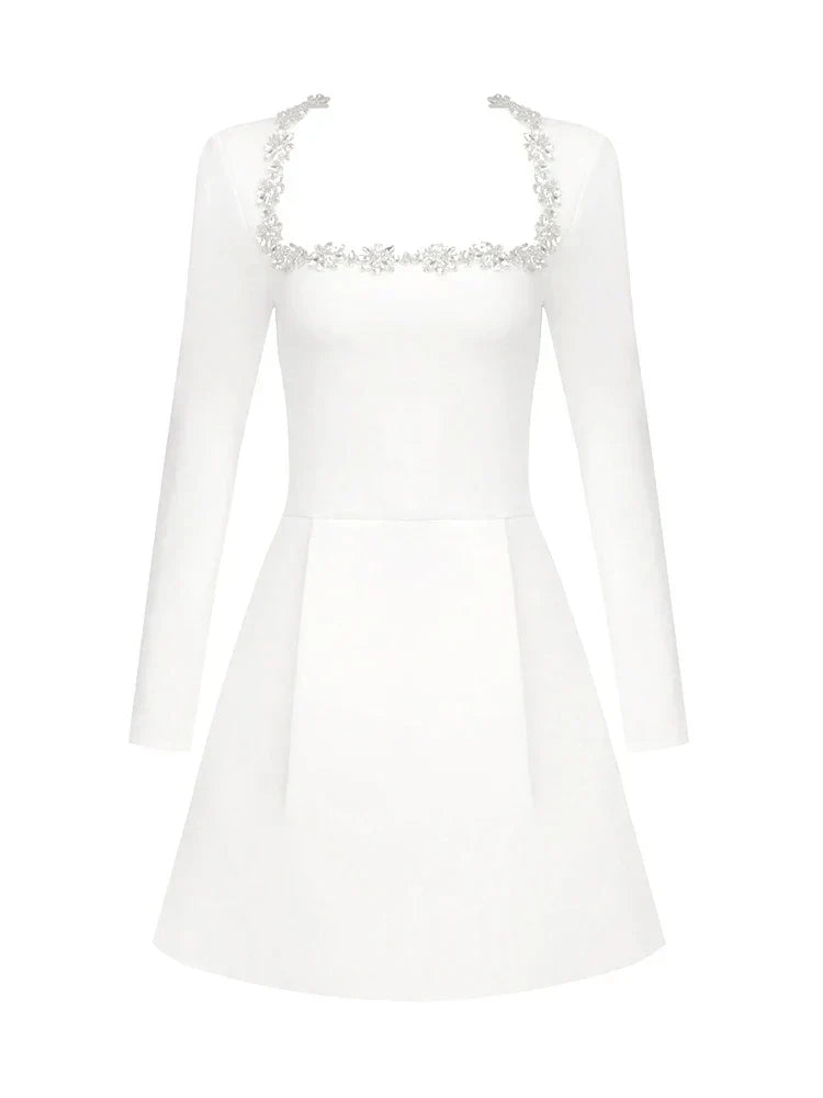 Embellished Square Neck Long Sleeve A-Line Mini Dress 7