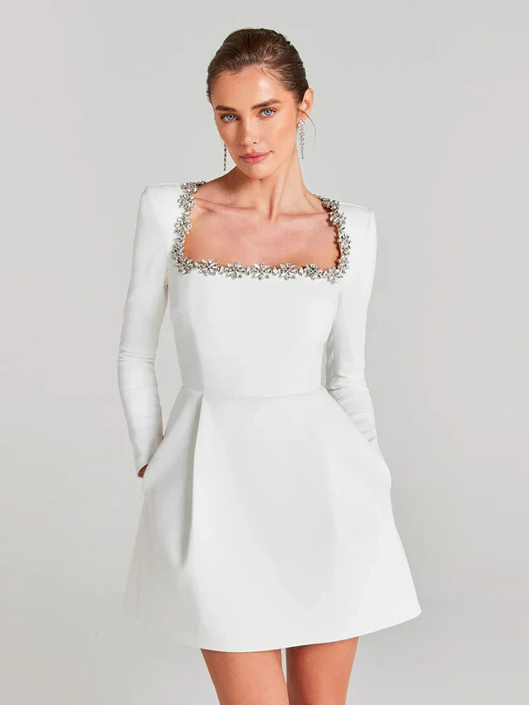 Embellished Square Neck Long Sleeve A-Line Mini Dress 5