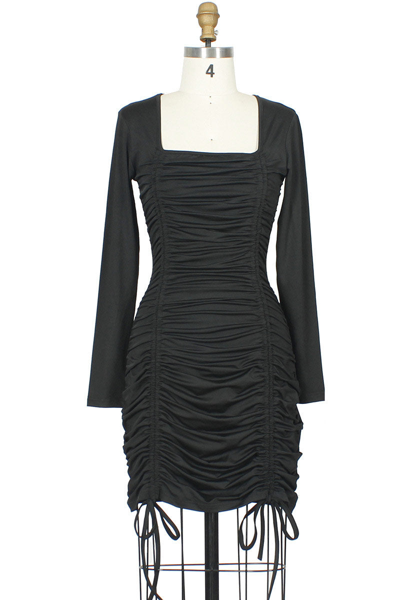 Ruched Square Neck Long Sleeve Bodycon Mini Dress
