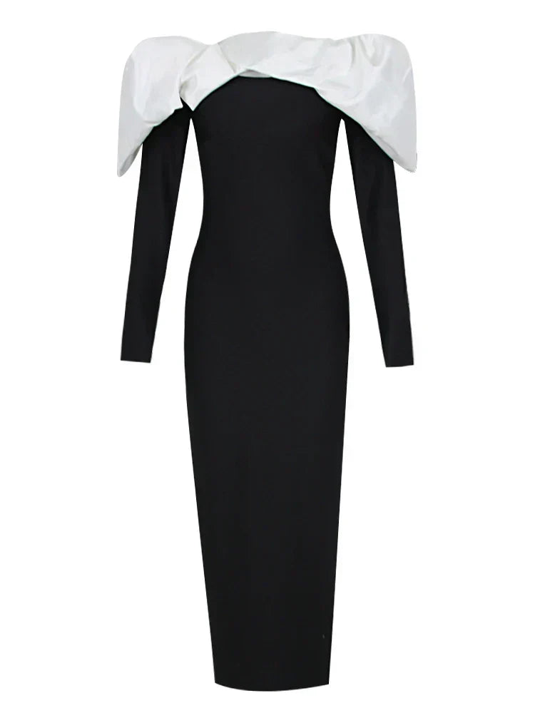 Velvet Off Shoulder Long Sleeve Contrast Midi Dress 7
