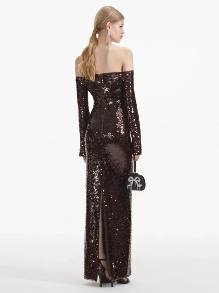 Sequin Off-Shoulder Long-Sleeve Floor-Length Gown 3