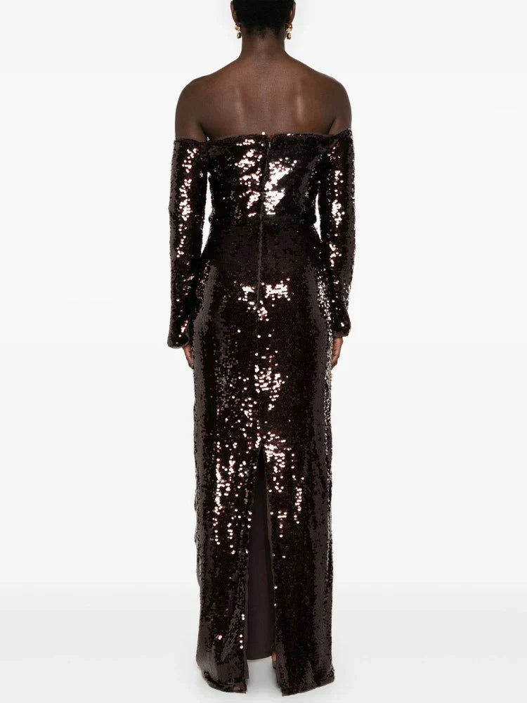 Sequin Off-Shoulder Long-Sleeve Floor-Length Gown 6