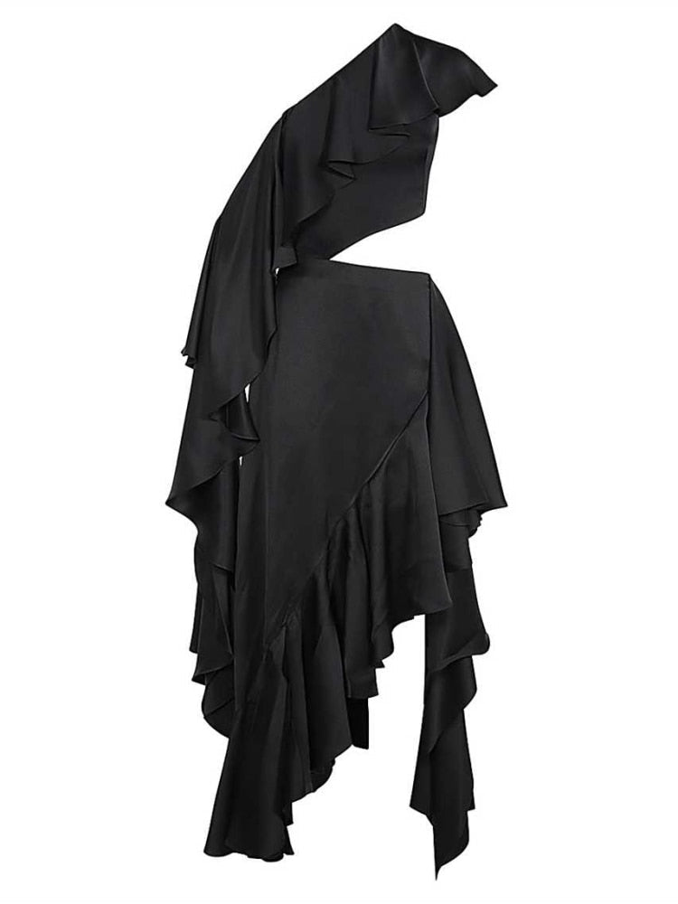 Satin One-Shoulder Ruffle Cutout Asymmetric Midi Dress 4