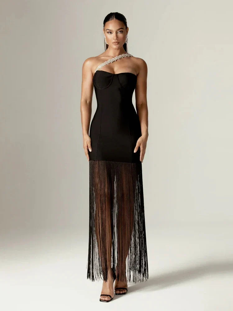 One Shoulder Diamante Strap Fringe Hem Bodycon Maxi Dress
