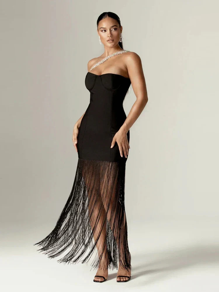 One Shoulder Embellished Fringe Hem Maxi Gown 2