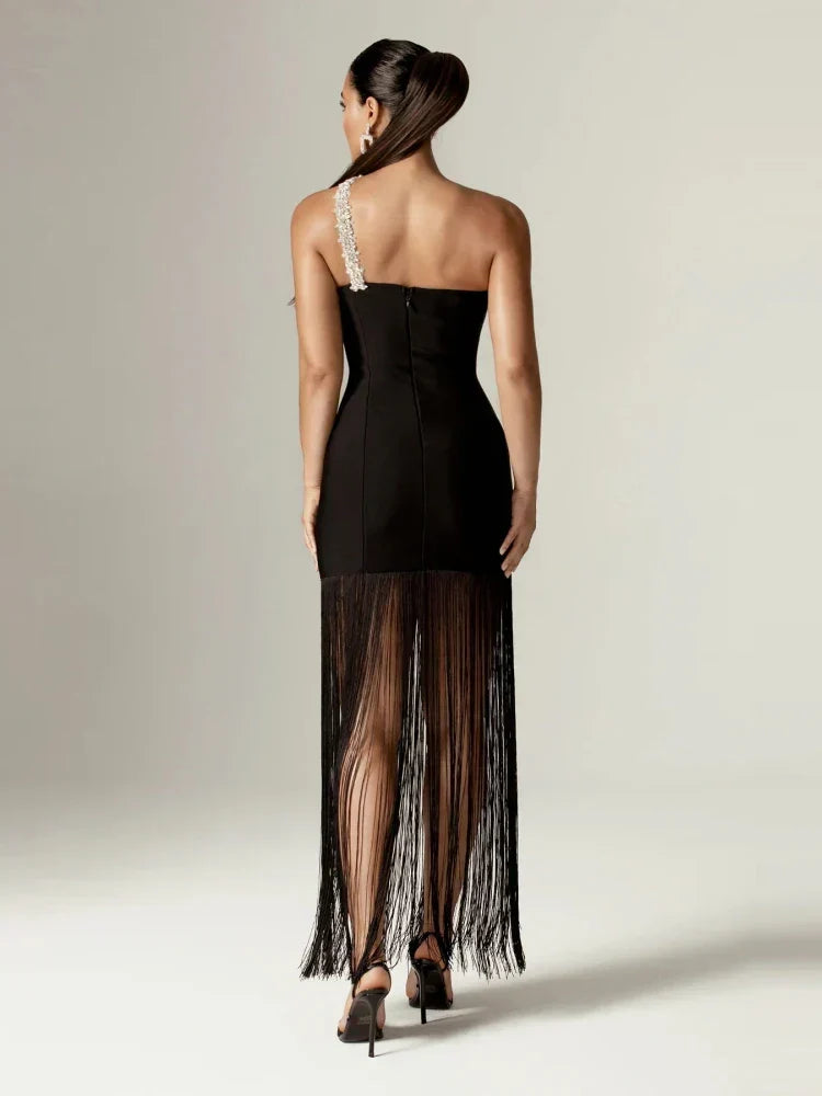 One Shoulder Diamante Strap Fringe Hem Bodycon Maxi Dress 4