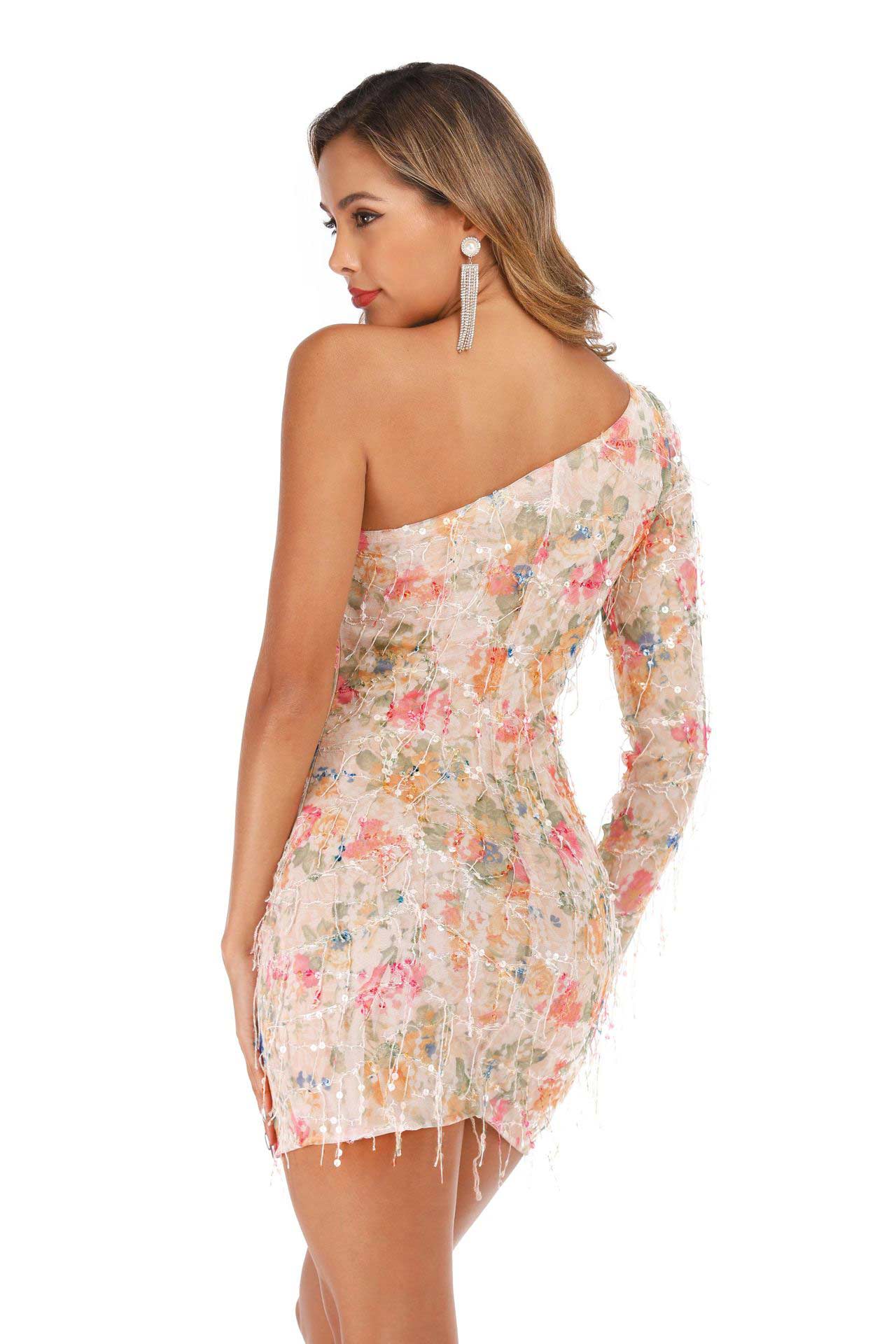Sexy One-shoulder Tasseled Sequin Mini Dress