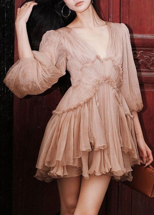 Sexy Pink Ruffled Lace Up Patchwork Chiffon Mid Dress Half Sleeve - View 2