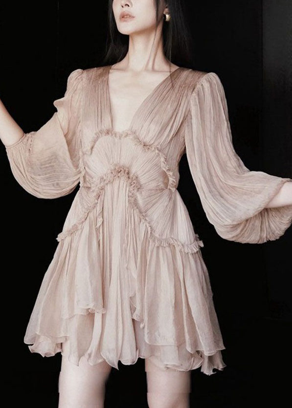 Sexy Pink Ruffled Lace Up Patchwork Chiffon Mid Dress Half Sleeve - View 3