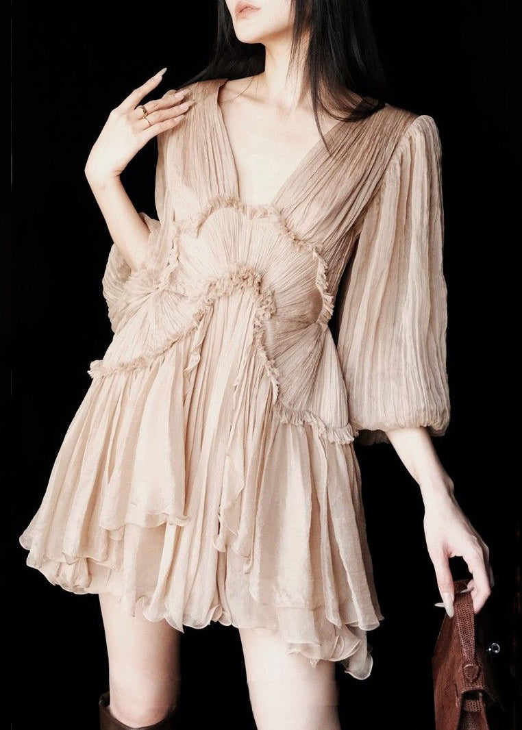 Sexy Pink Ruffled Lace Up Patchwork Chiffon Mid Dress Half Sleeve - View 4