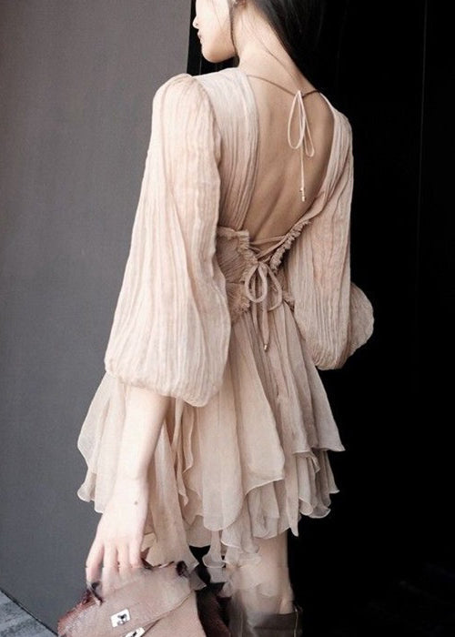 Sexy Pink Ruffled Lace Up Patchwork Chiffon Mid Dress Half Sleeve - View 5