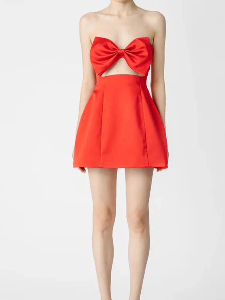 Satin Strapless Bow Front Cutout Dress