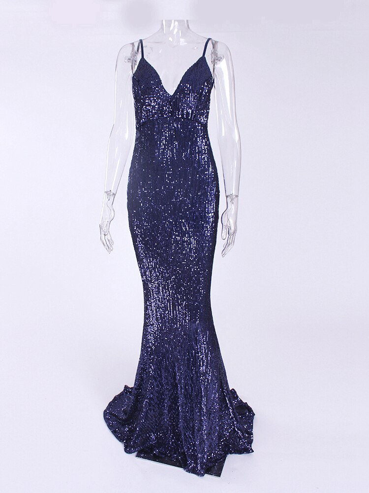 Sequined Deep V-Neck Spaghetti Strap Backless Mermaid Gown 7