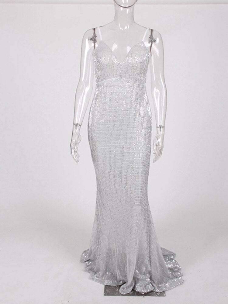 Sequined Deep V-Neck Spaghetti Strap Backless Mermaid Gown 10