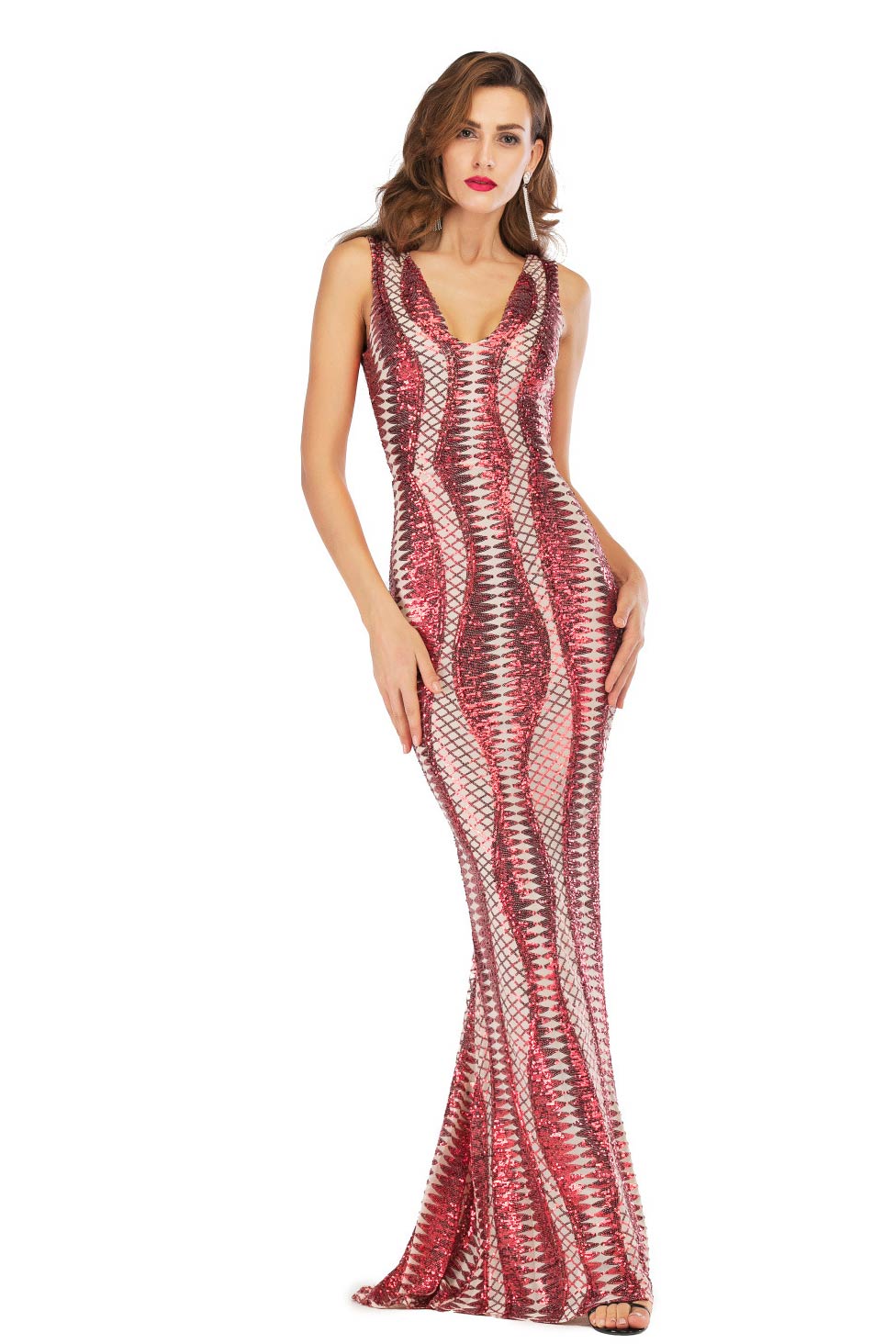 Sexy Red Sequined V Neck Sparkly Bodycon Prom Dress - Mislish
