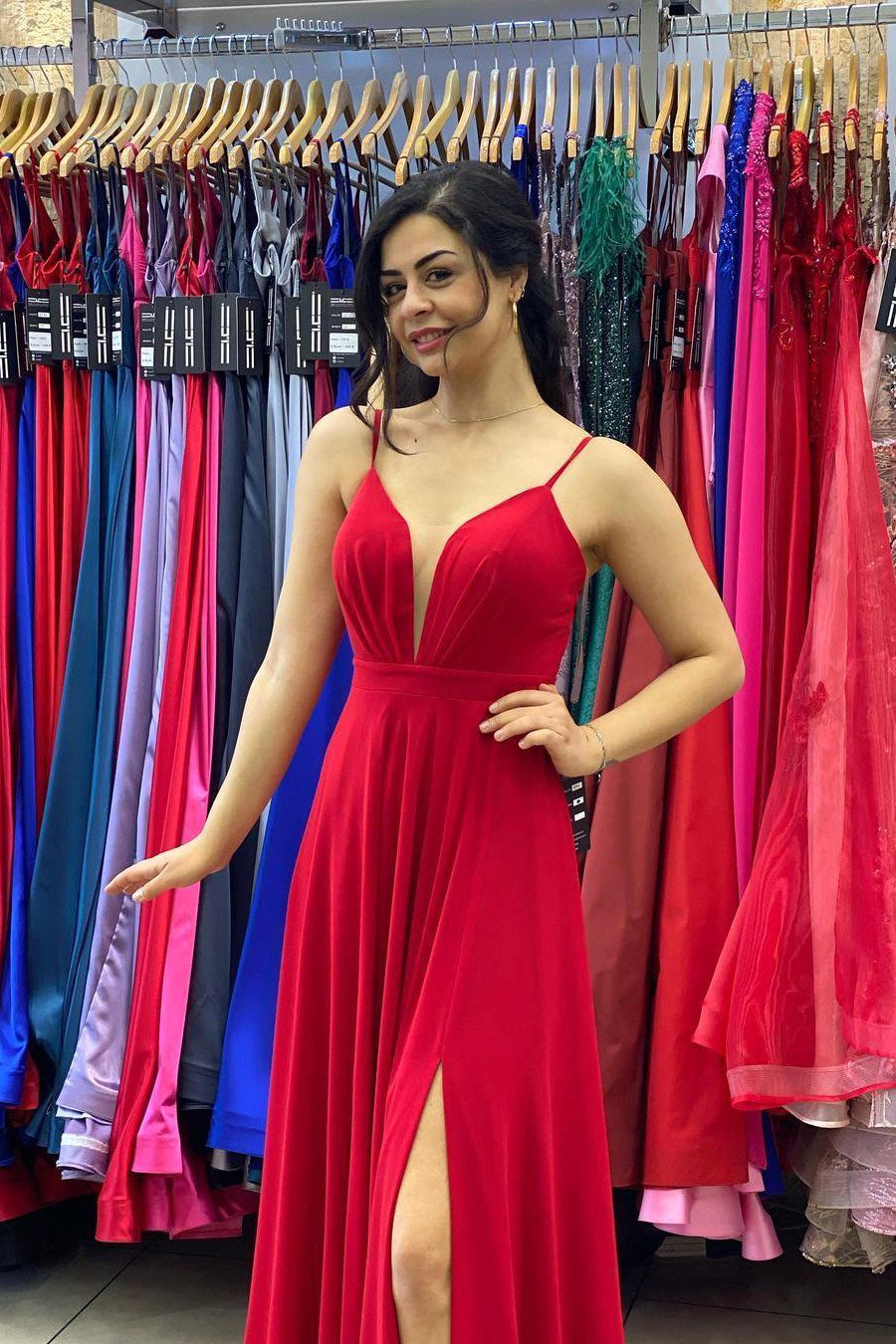 Sexy Red V-Neck Side Split Prom Evening Dresses Spaghetti Straps