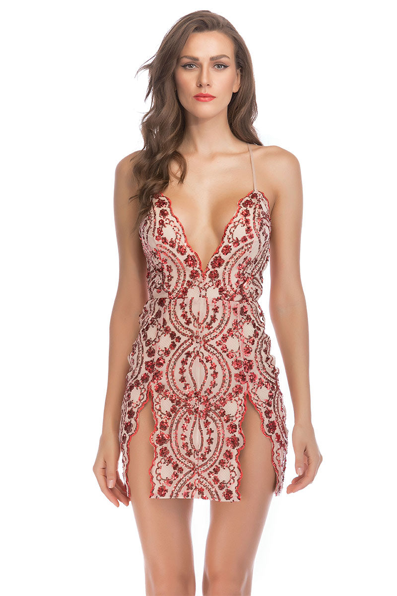 Sexy Red V-neck Spaghetti Straps Party Dress With Sequins - Mislish