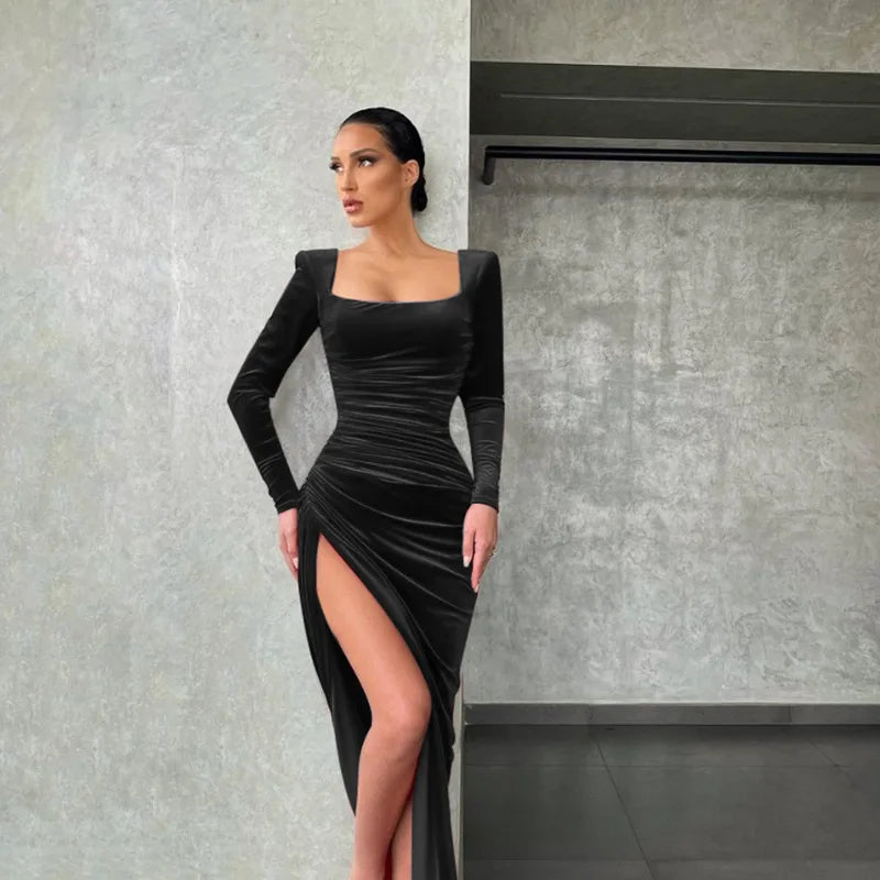 Velvet Square Neck Long Sleeve Ruched High Split Dress 4