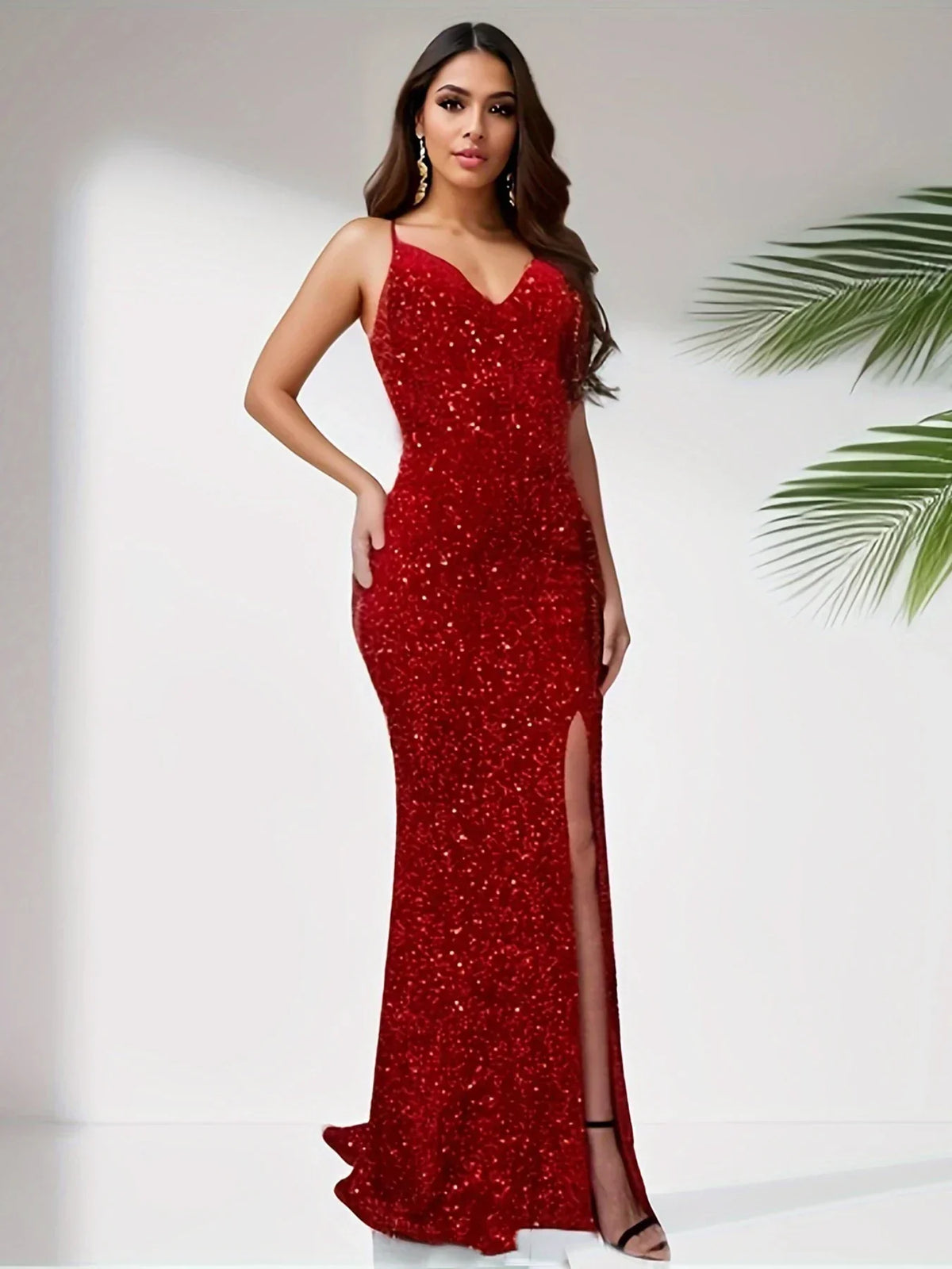 Sequin V-Neck Spaghetti-Strap High-Slit Maxi Gown 4