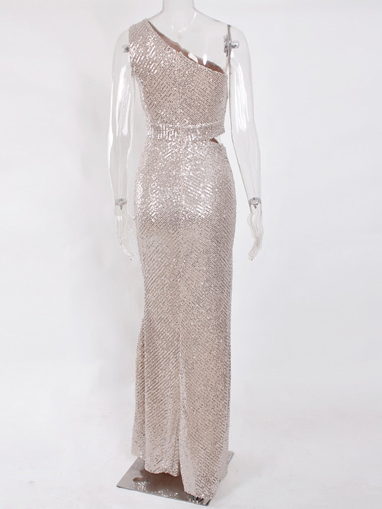 Sequin One-Shoulder Cutout High Slit Maxi Gown 3