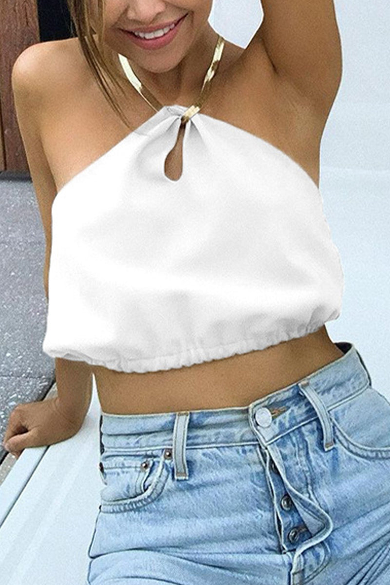 Sexy Solid Color Chains Backless Halter Tops - Fashionpara