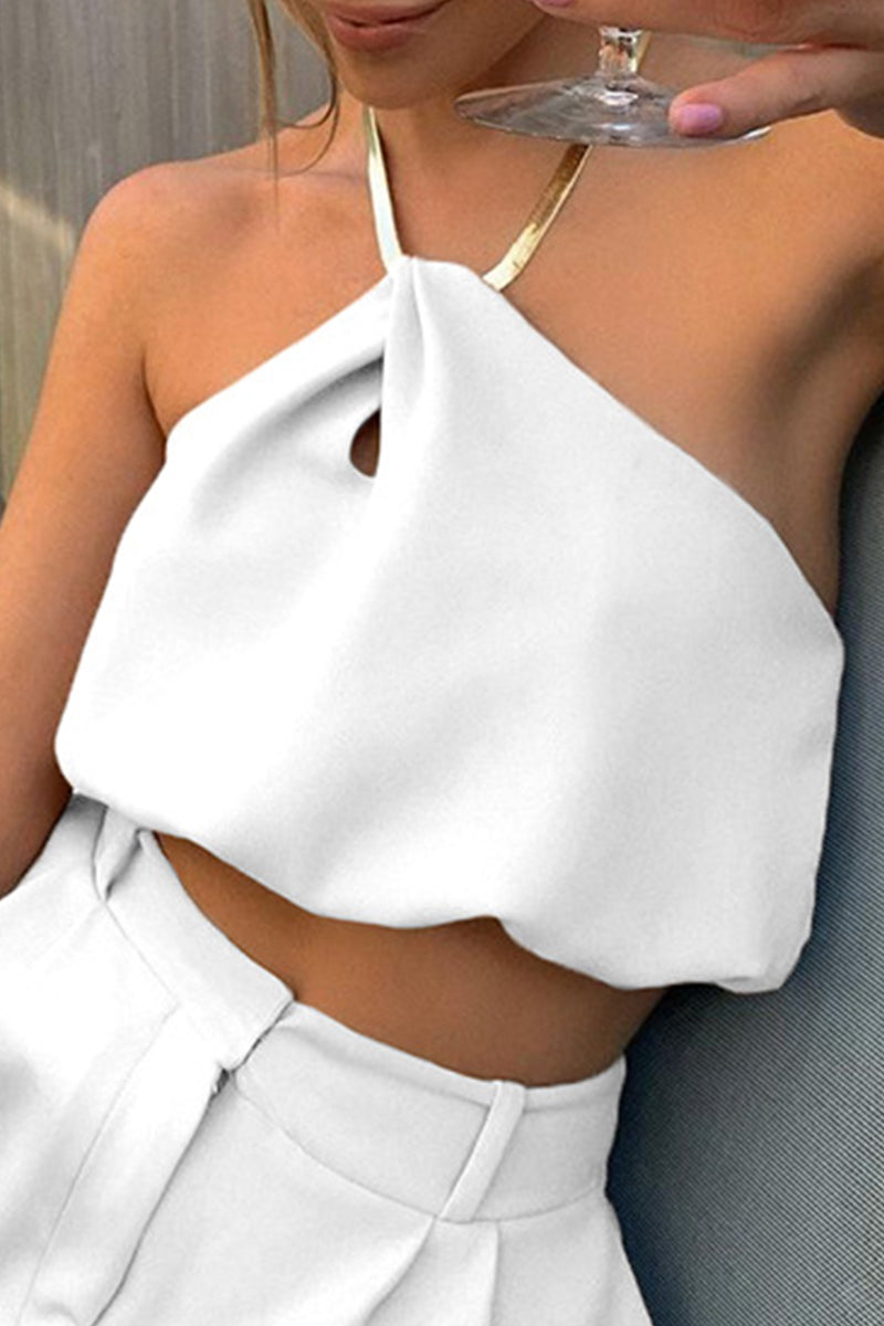 Sexy Solid Color Chains Backless Halter Tops - Fashionpara