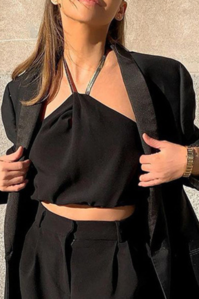 Sexy Solid Color Chains Backless Halter Tops - Fashionpara