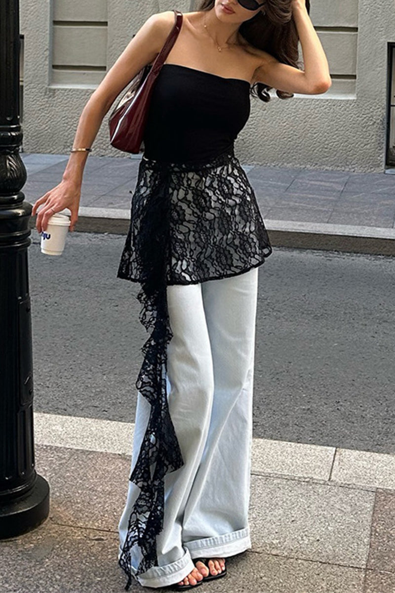 Sexy Solid Color Lace Stringy Selvedge Strapless Tops - Fashionpara
